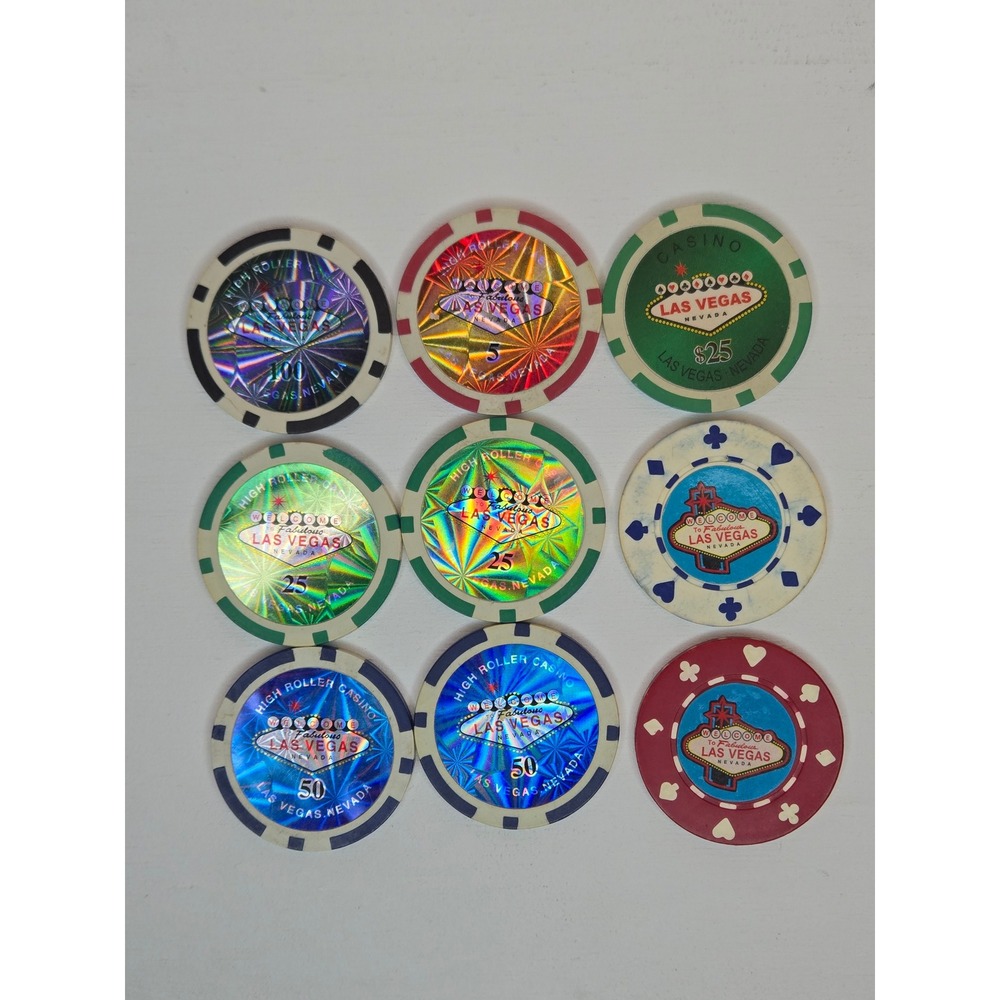 Vintage Las Vegas High Roller Casino Poker Chips Lot Holographic $5 $25 $50 $100